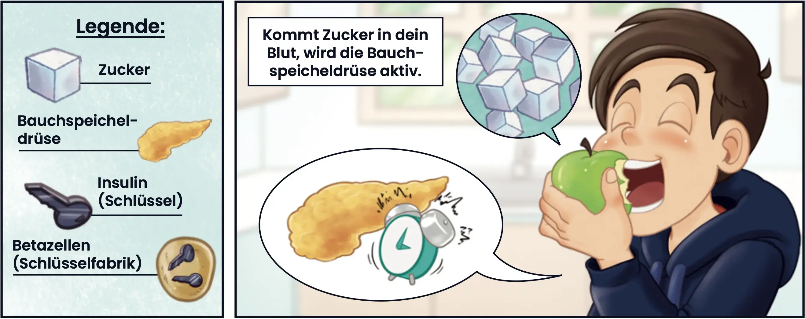 Legende (Illustration von): Zucker, Bauchspeicheldrüse, Insulin (Schlüssel), Betazellen (Schlüsselfabrik). Junge, der einen Apfel isst: Kommt Zucker in dein Blut, wird die Bauchspeicheldrüse aktiv.