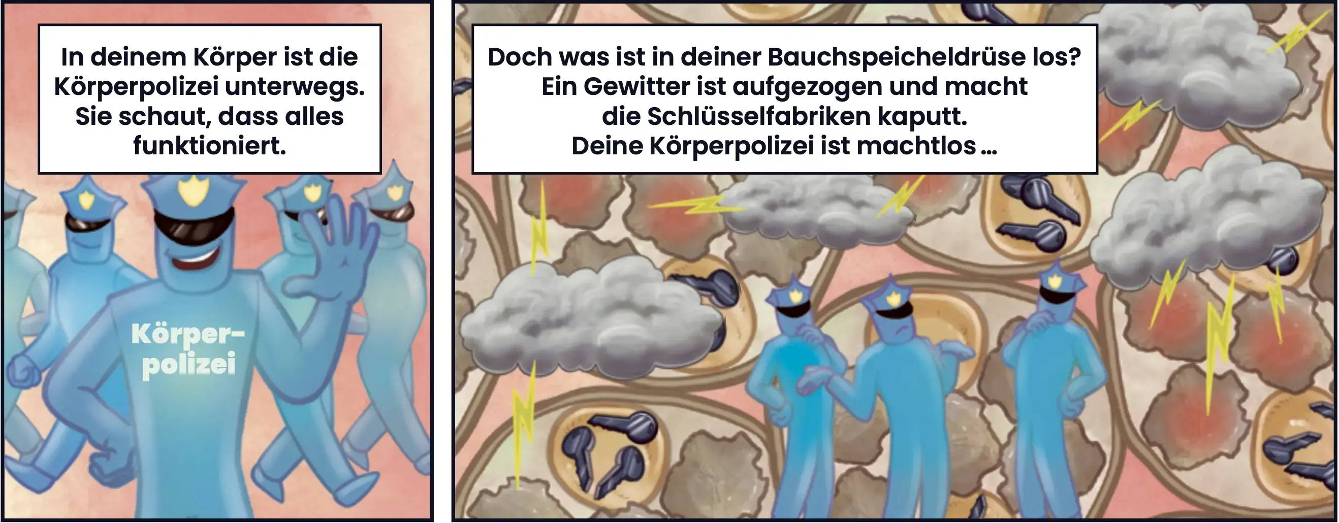 Illustration: In deinem Körper ist die Körperpolizei unterwegs. Sie schaut, das alles funktioniert. Doch was ist in deiner Bauchspeicheldrüse los? Ein Gewitter ist aufgezogen und macht die Schlüsselfabriken kaputt. Deine Körperpolizei ist machtlos...