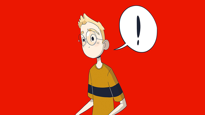 Illustrazione di Elio con un’espressione sorpresa e un fumetto con un punto esclamativo su sfondo rosso