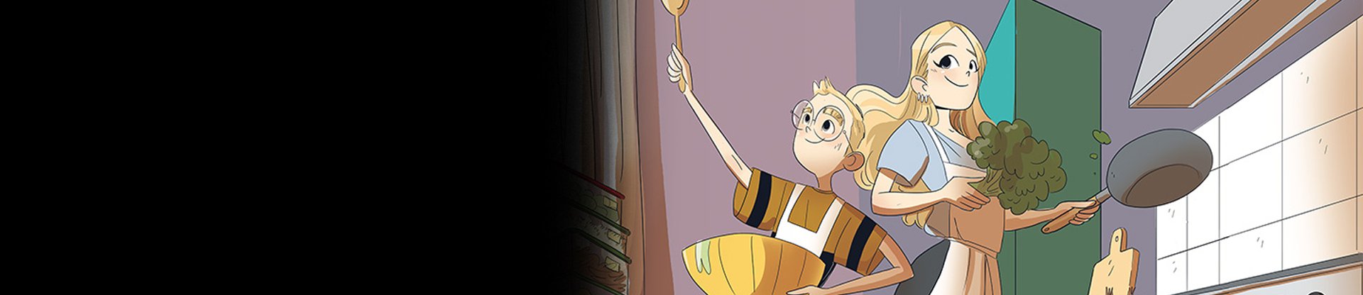 Ilustrazione di Elio che prepara dei pasti insieme alla madre in cucina