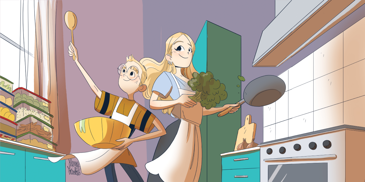 Cartoon illustration of mom and son cooking in the kitchen