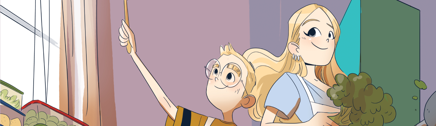 Cartoon illustration of a boy and his mom cooking