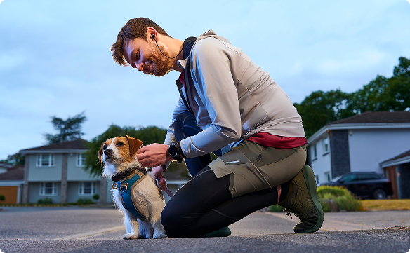 Man putting a harness on his dog